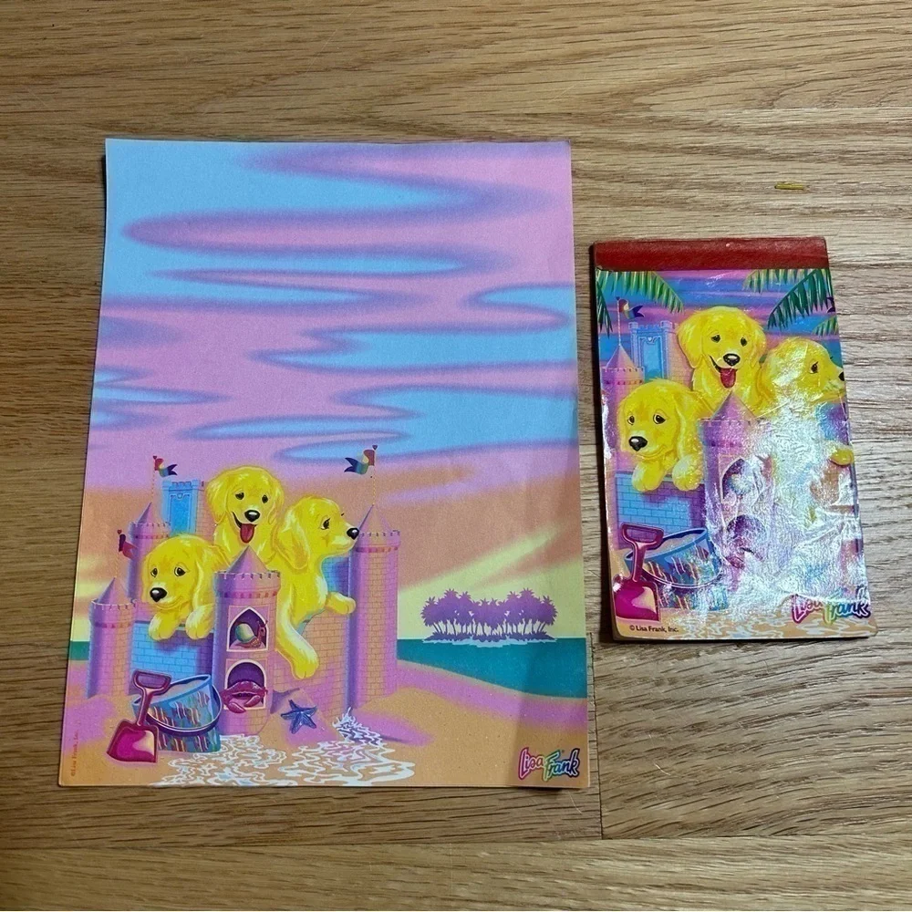 Vintage Lisa Frank Puppy Dog Sand Castle Beach Paper Notebook Pink Blue Yellow